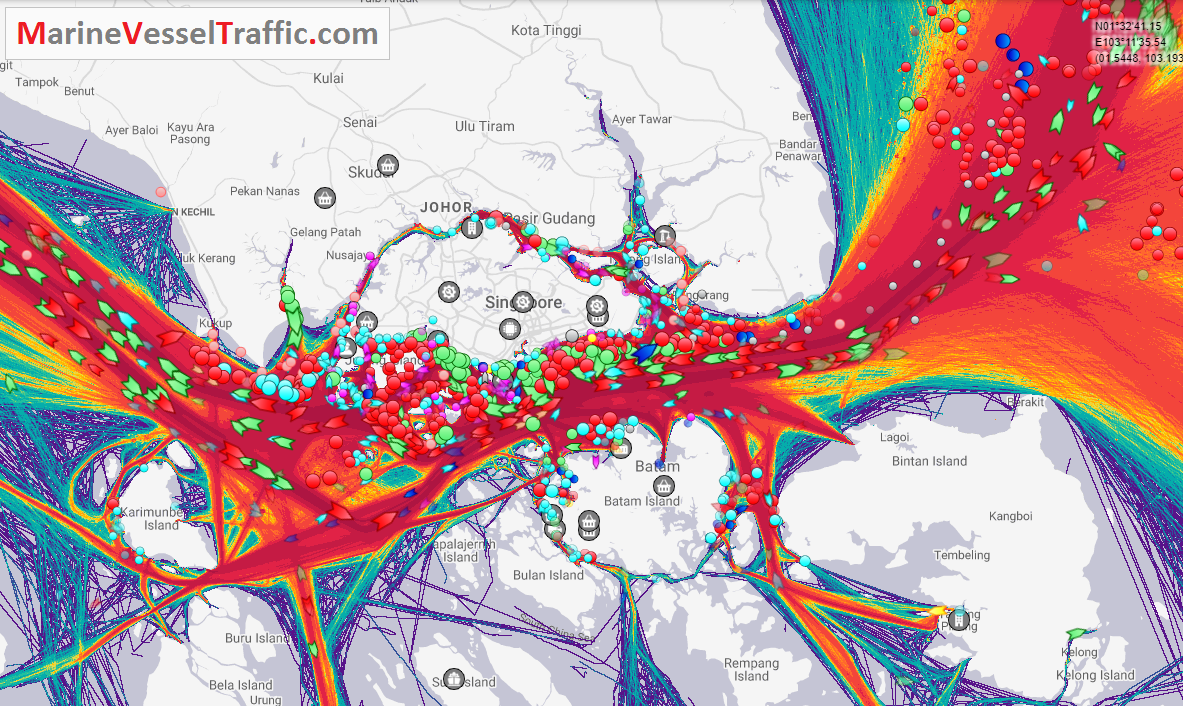 Live Marine Traffic, Density Map and Current Position of ships in STRAIT OF SINGAPORE